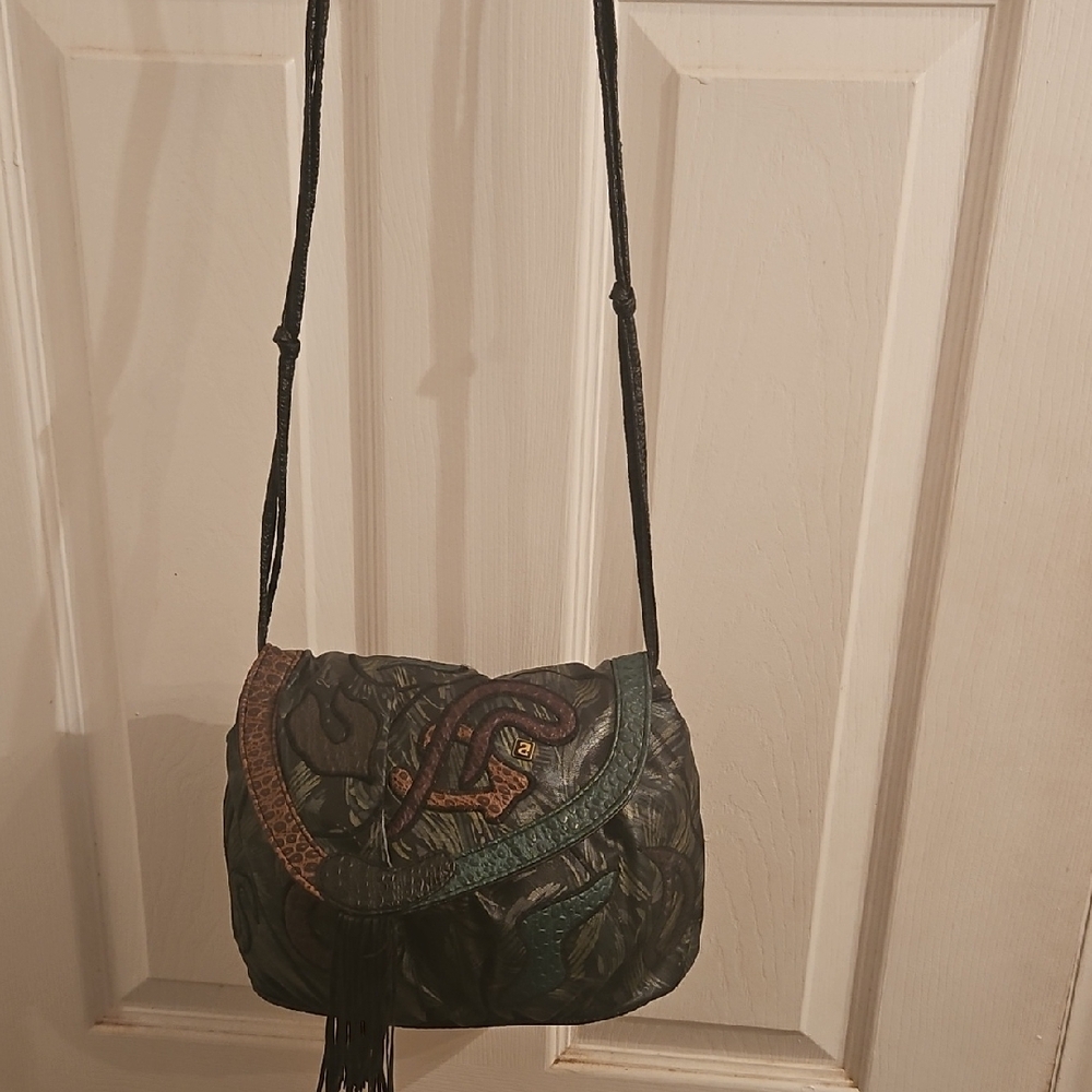 Olive Green Textured Crossbody Bag with Floral Pattern